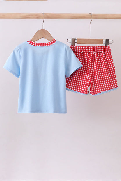 Blue character plane applique shorts set