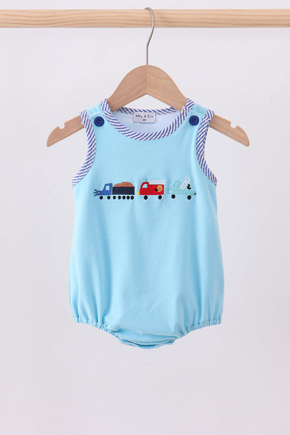 Blue truck embroidery seersucker bubble