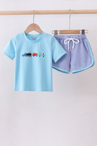 Blue truck embroidery seersucker shorts set