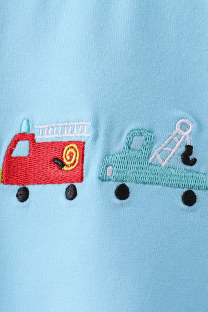 Blue truck embroidery seersucker shorts set