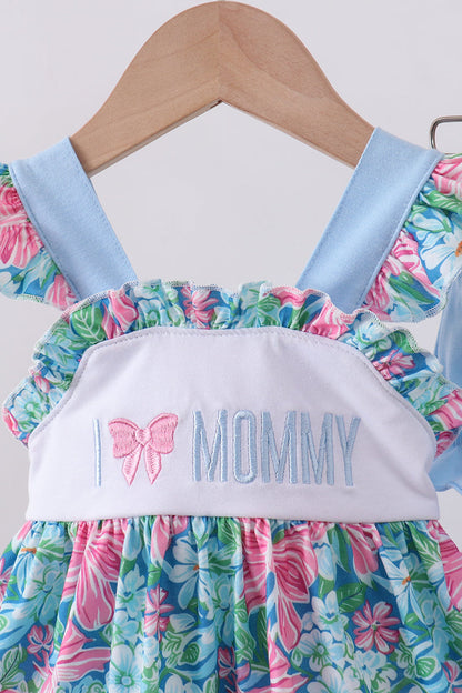 Blue I love MOMMY embroidery ruffle blooner set