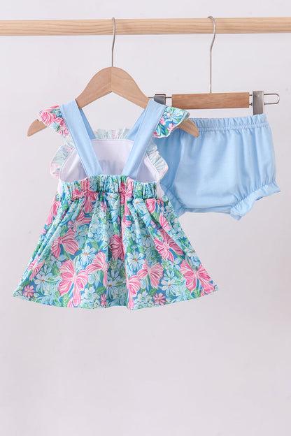 Blue I love MOMMY embroidery ruffle blooner set
