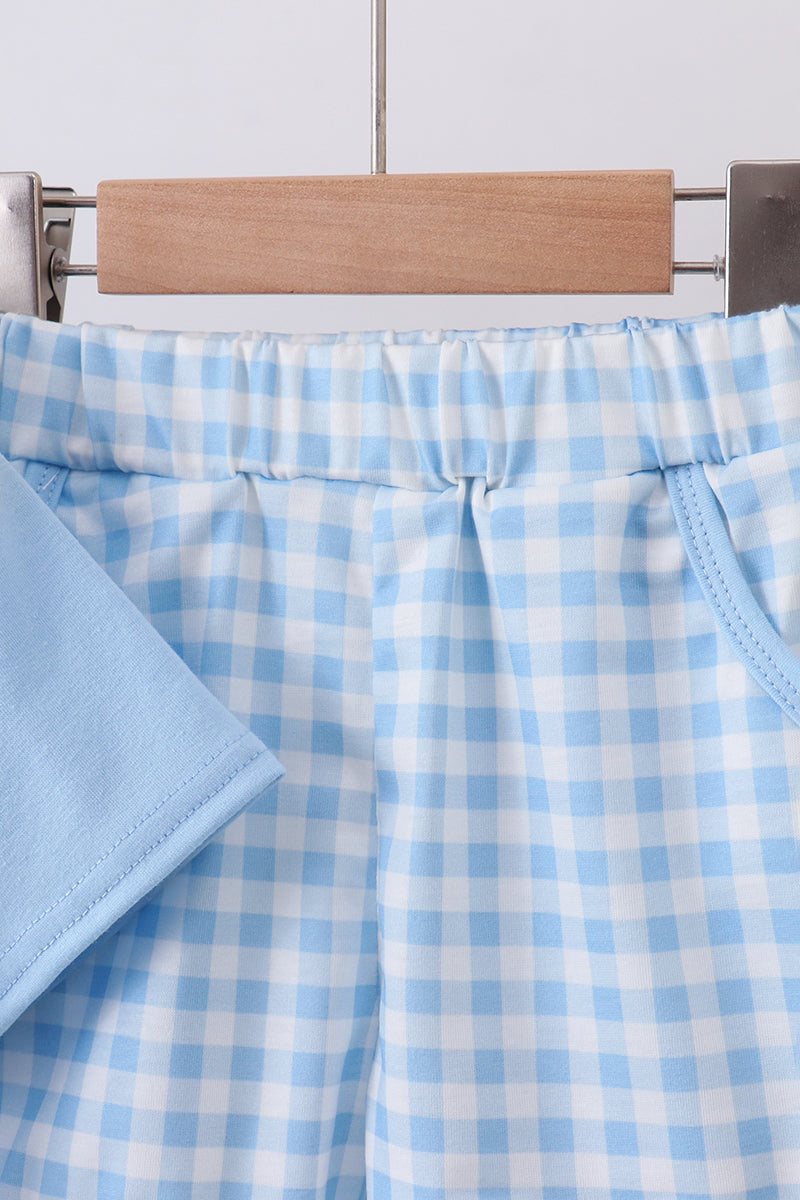 Blue I love MOMMY embroidery gingham shorts set