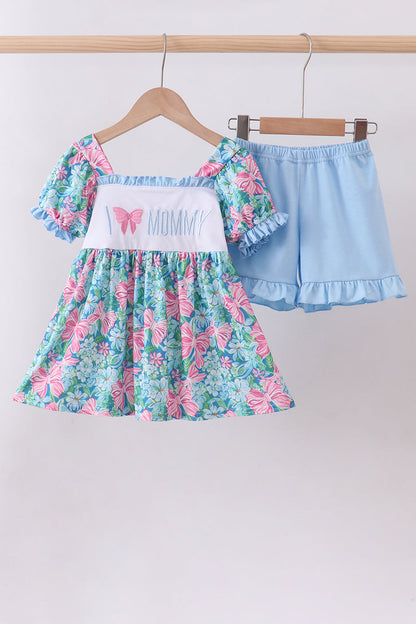 Blue I love MOMMY embroidery ruffle shorts set
