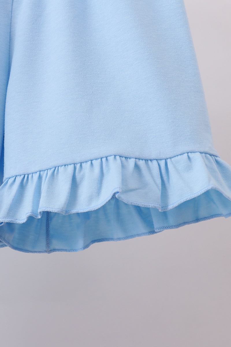 Blue I love MOMMY embroidery ruffle shorts set