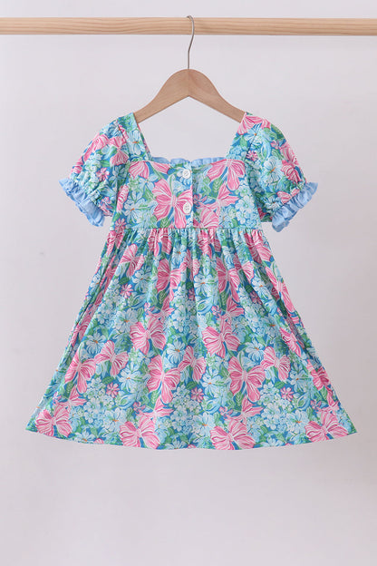 Blue I love MOMMY embroidery ruffle dress