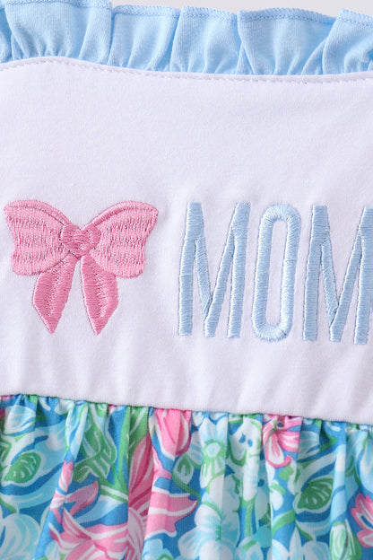 Blue I love MOMMY embroidery ruffle dress