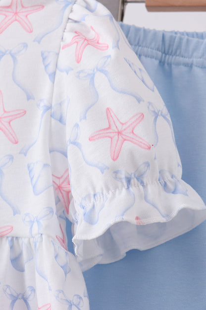 Blue starfish shell ruffle shorts set