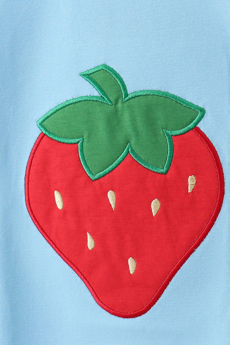 Blue strawberry applique gingham shorts set