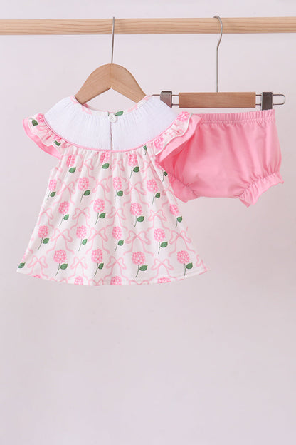 Pink bow hydrangea smocked bloomer set