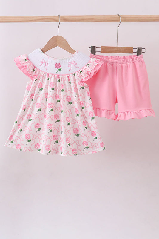 Pink bow hydrangea smocked shorts set