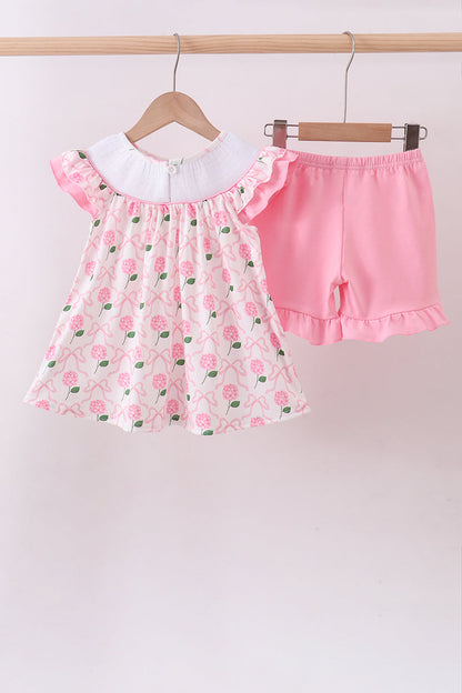 Pink bow hydrangea smocked shorts set