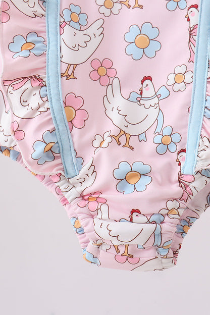 Pink chicken floral one-piece swimsuit