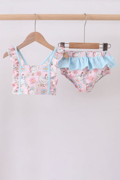 Pink chicken floral 2pcs ruffle swimsuit