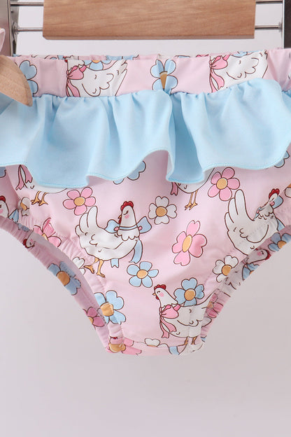 Pink chicken floral 2pcs ruffle swimsuit