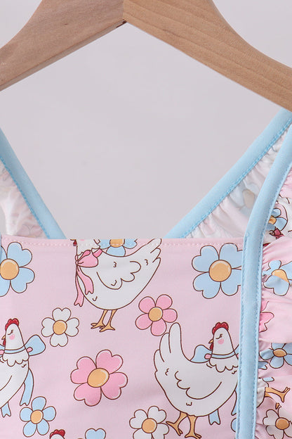 Pink chicken floral 2pcs ruffle swimsuit