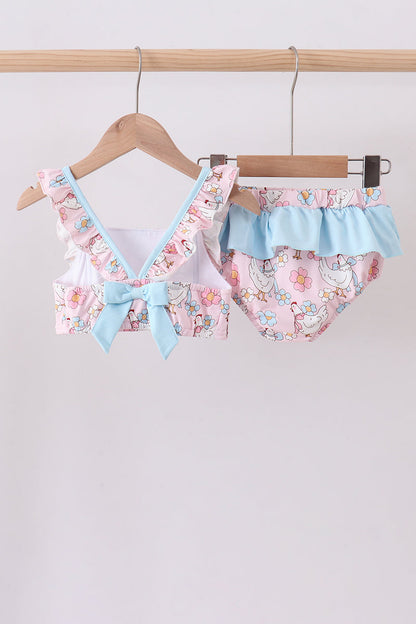 Pink chicken floral 2pcs ruffle swimsuit