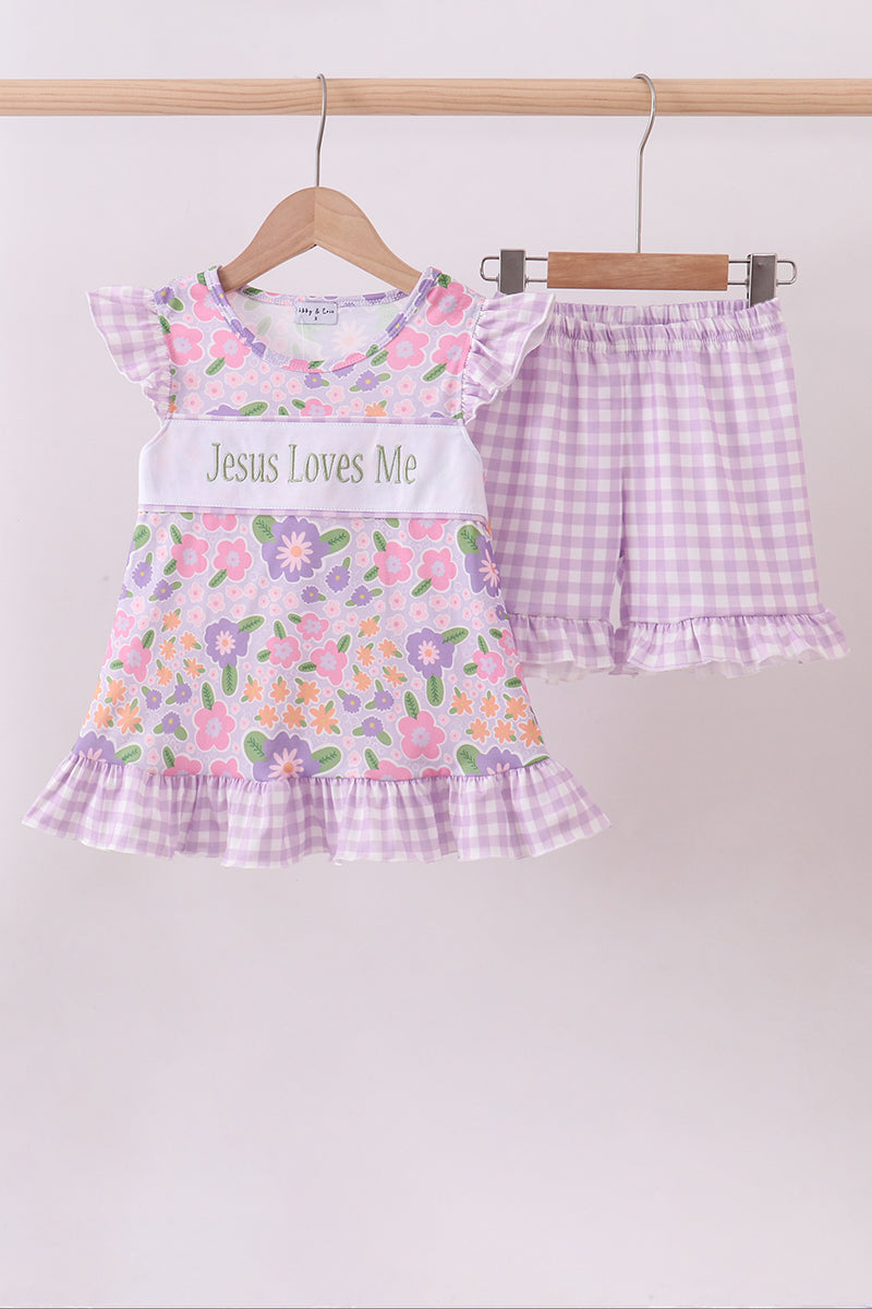 Purple floral Jesus loves me embroidery shorts set