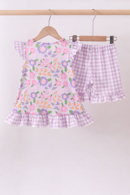 Purple floral Jesus loves me embroidery shorts set