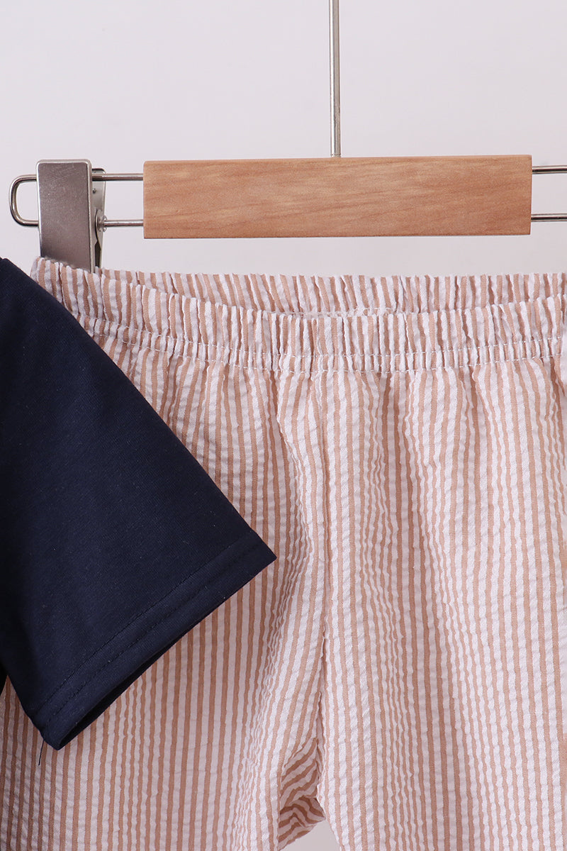 Navy seersucker Game Day Sports embroidery stripe pants set
