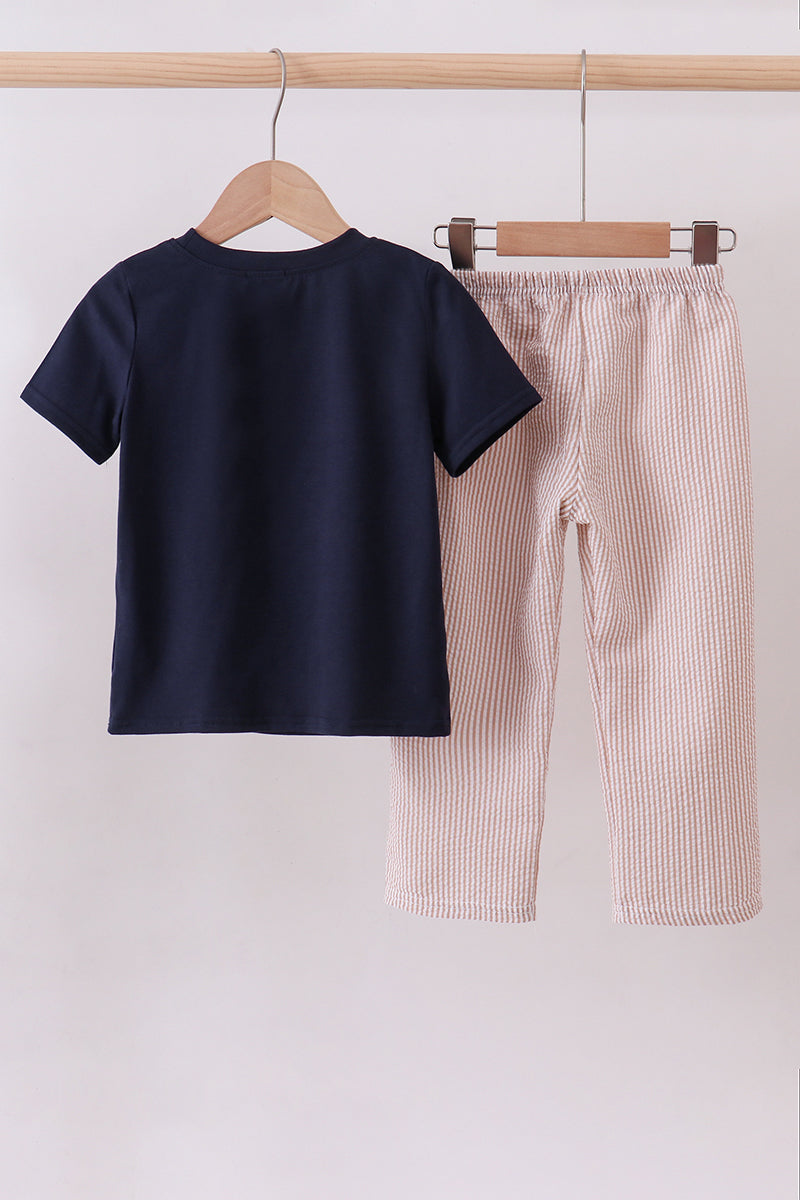 Navy seersucker Game Day Sports embroidery stripe pants set