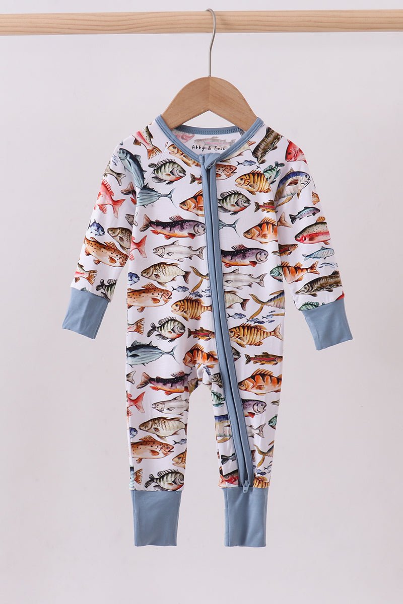 Navy fish bamboo romper