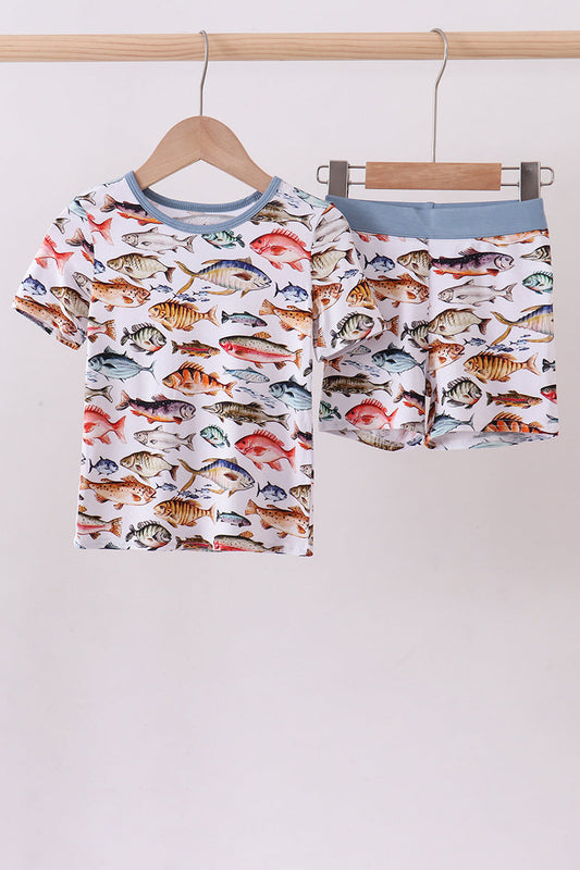 Navy fish bamboo shorts set