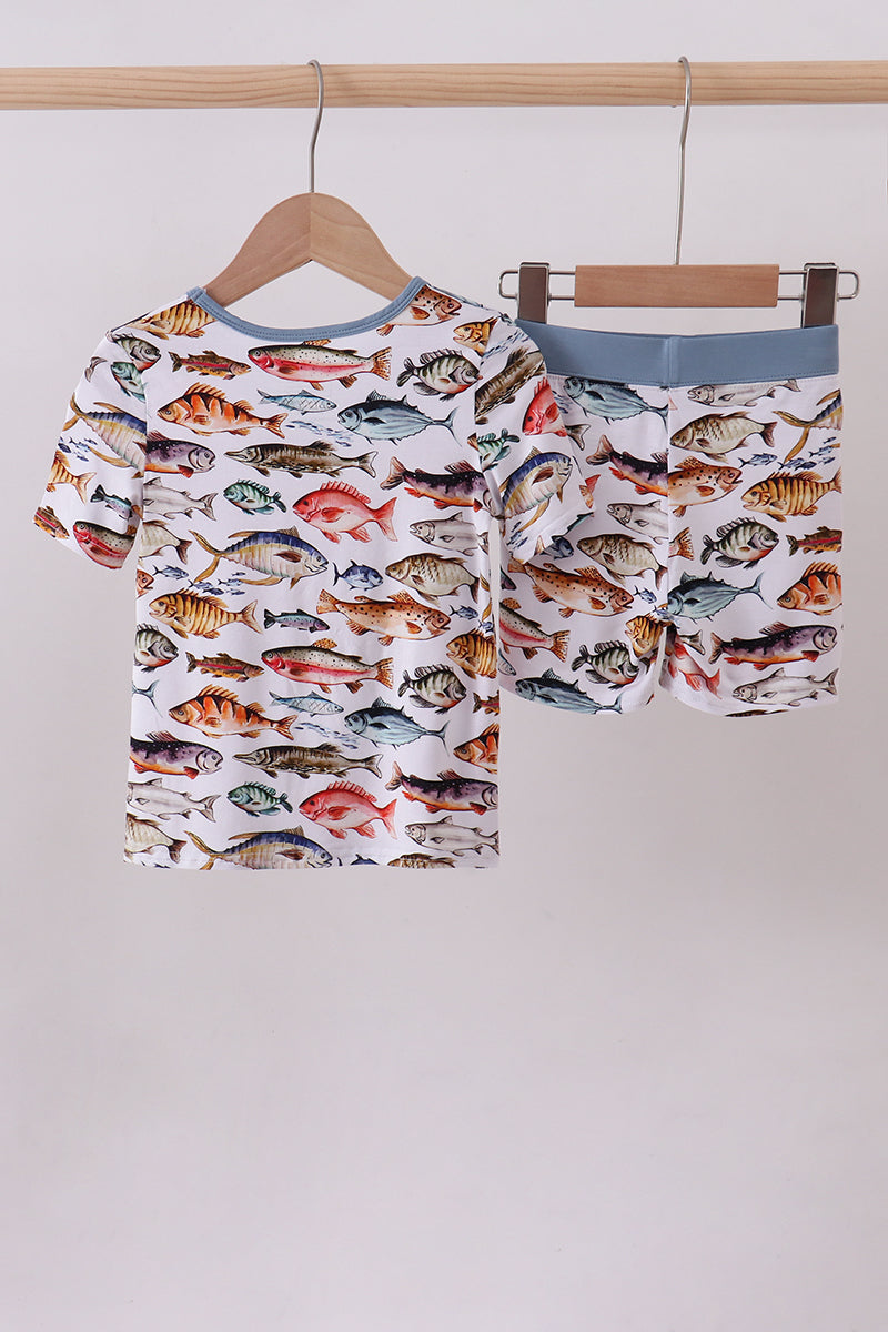 Navy fish bamboo shorts set