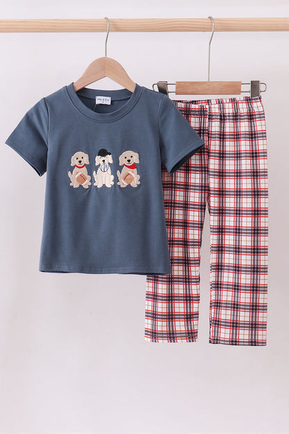 Navy puppy football applique pants set