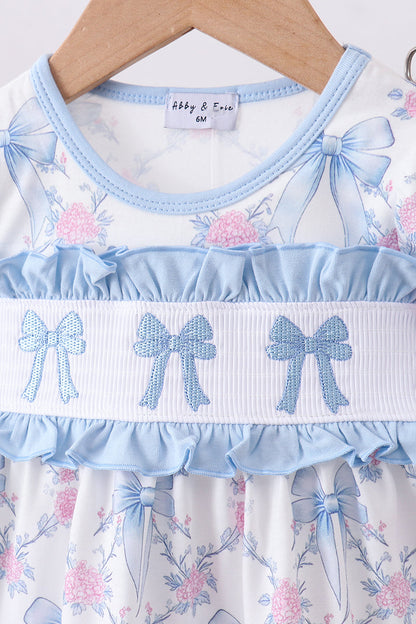 Blue bow floral smocked ruffle bloomer set