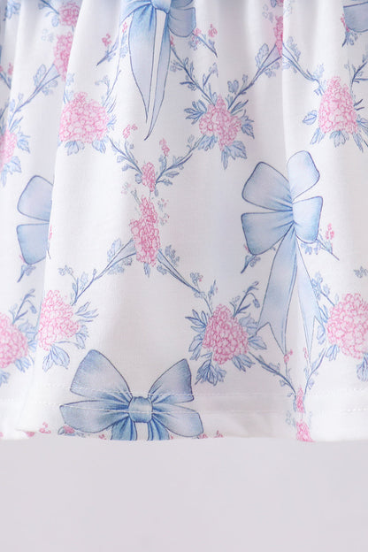 Blue bow floral smocked ruffle bloomer set