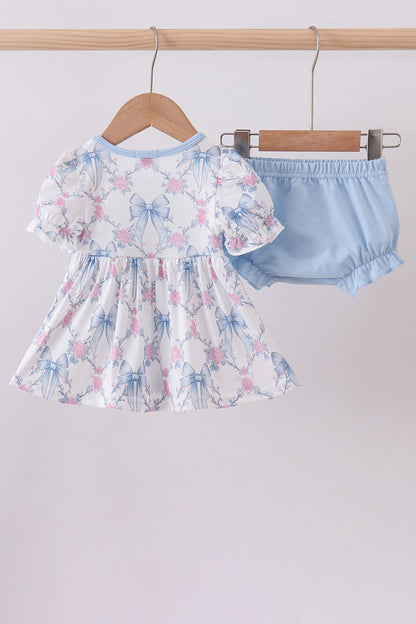 Blue bow floral smocked ruffle bloomer set