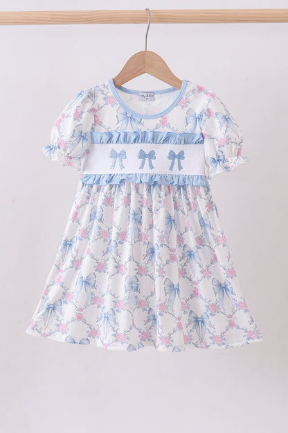 Blue bow floral smocked ruffle dress
