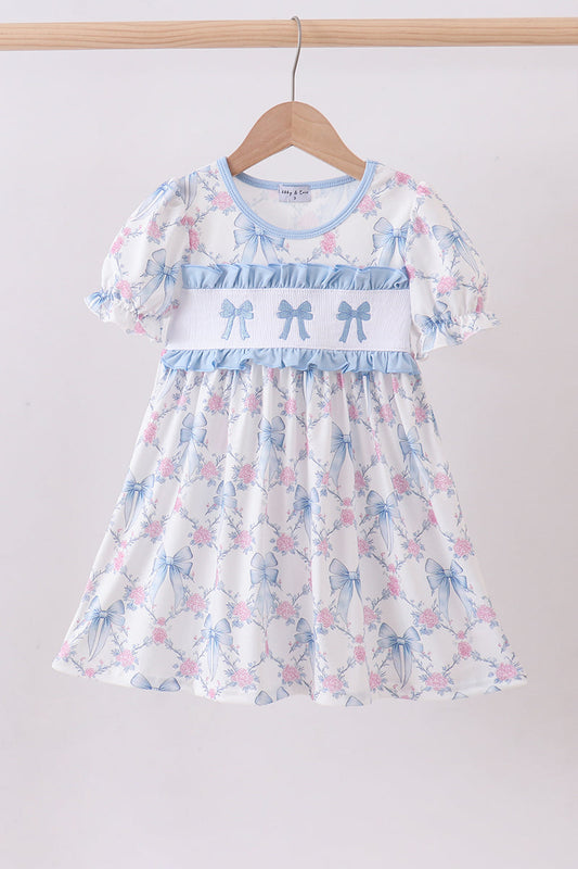 Blue bow floral smocked ruffle dress