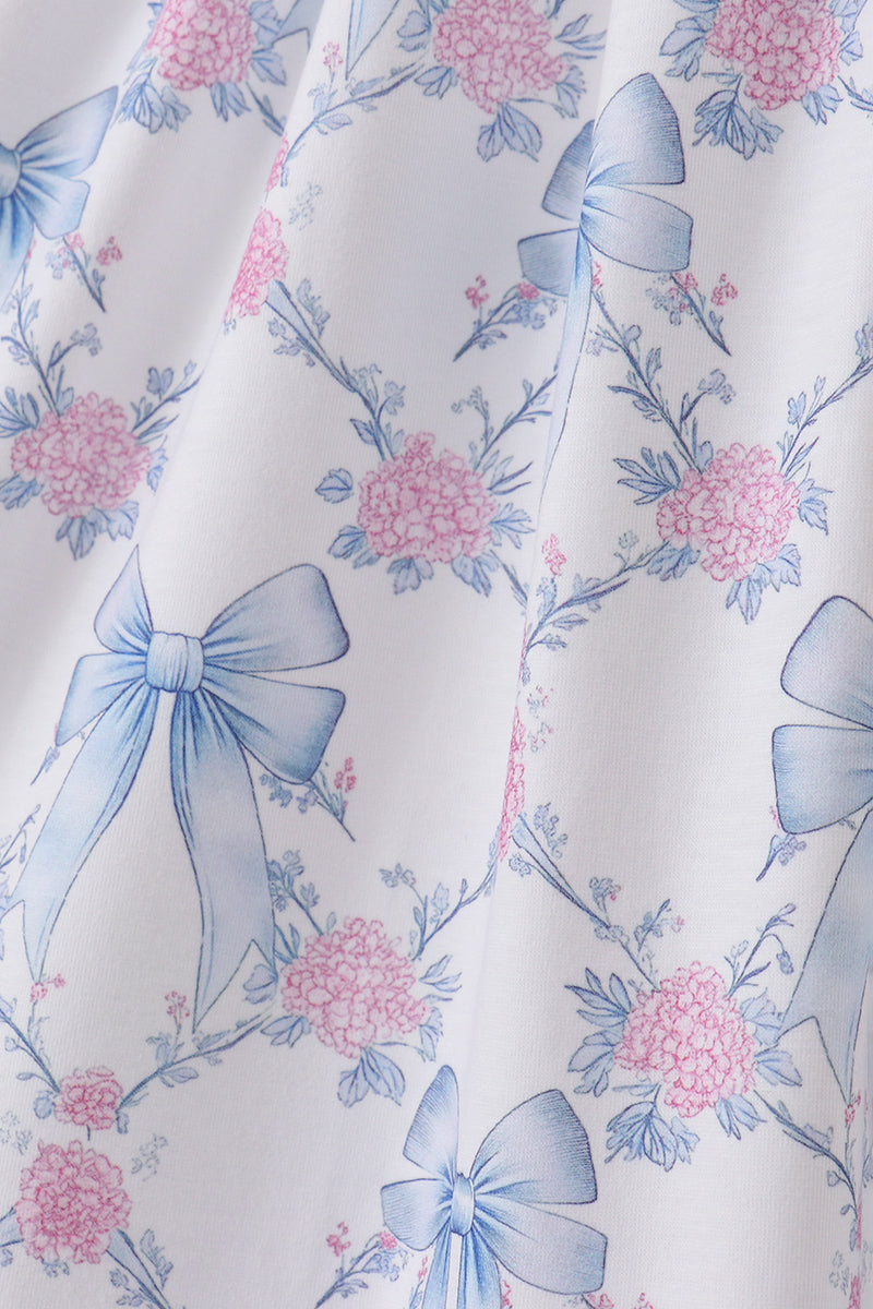 Blue bow floral smocked ruffle dress