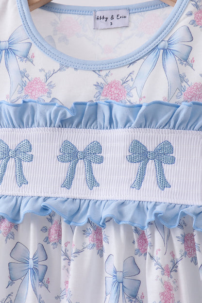 Blue bow floral smocked ruffle dress