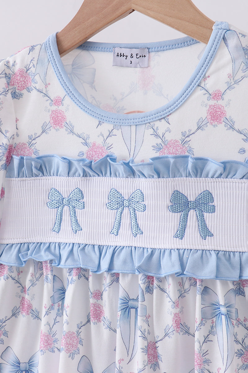 Blue bow floral smocked pants set