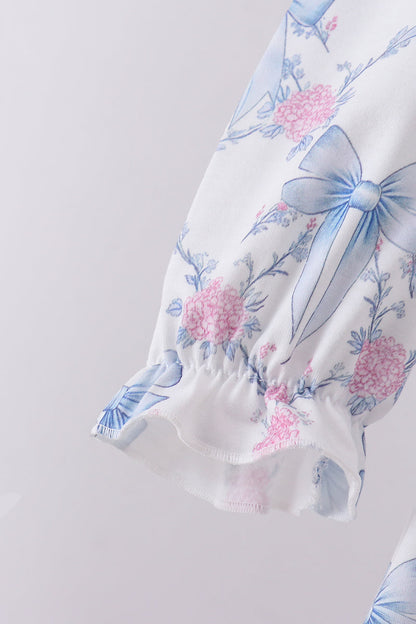 Blue bow floral smocked pants set