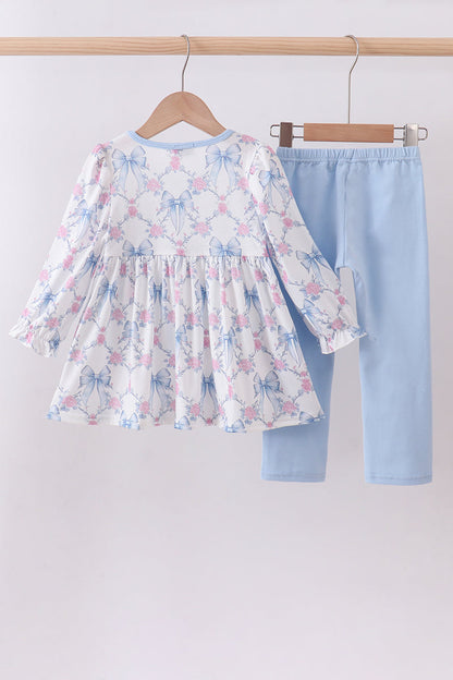 Blue bow floral smocked pants set