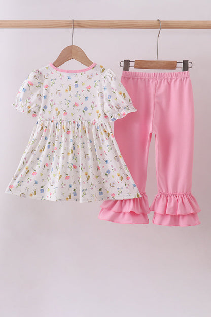 Pink duck embroidery ruffle pants set