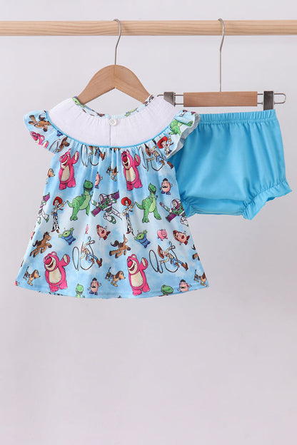 Blue character smocked ruffle bloomer set