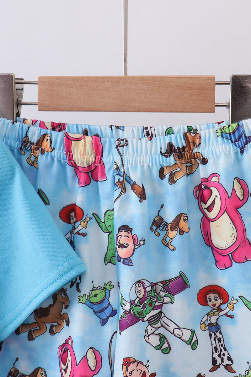 Blue character smocked shorts set