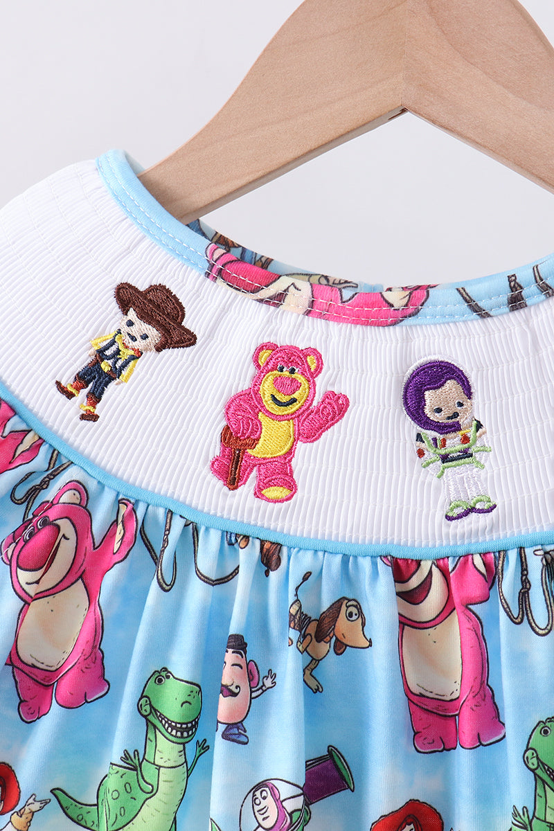 Blue character smocked ruffle shorts set