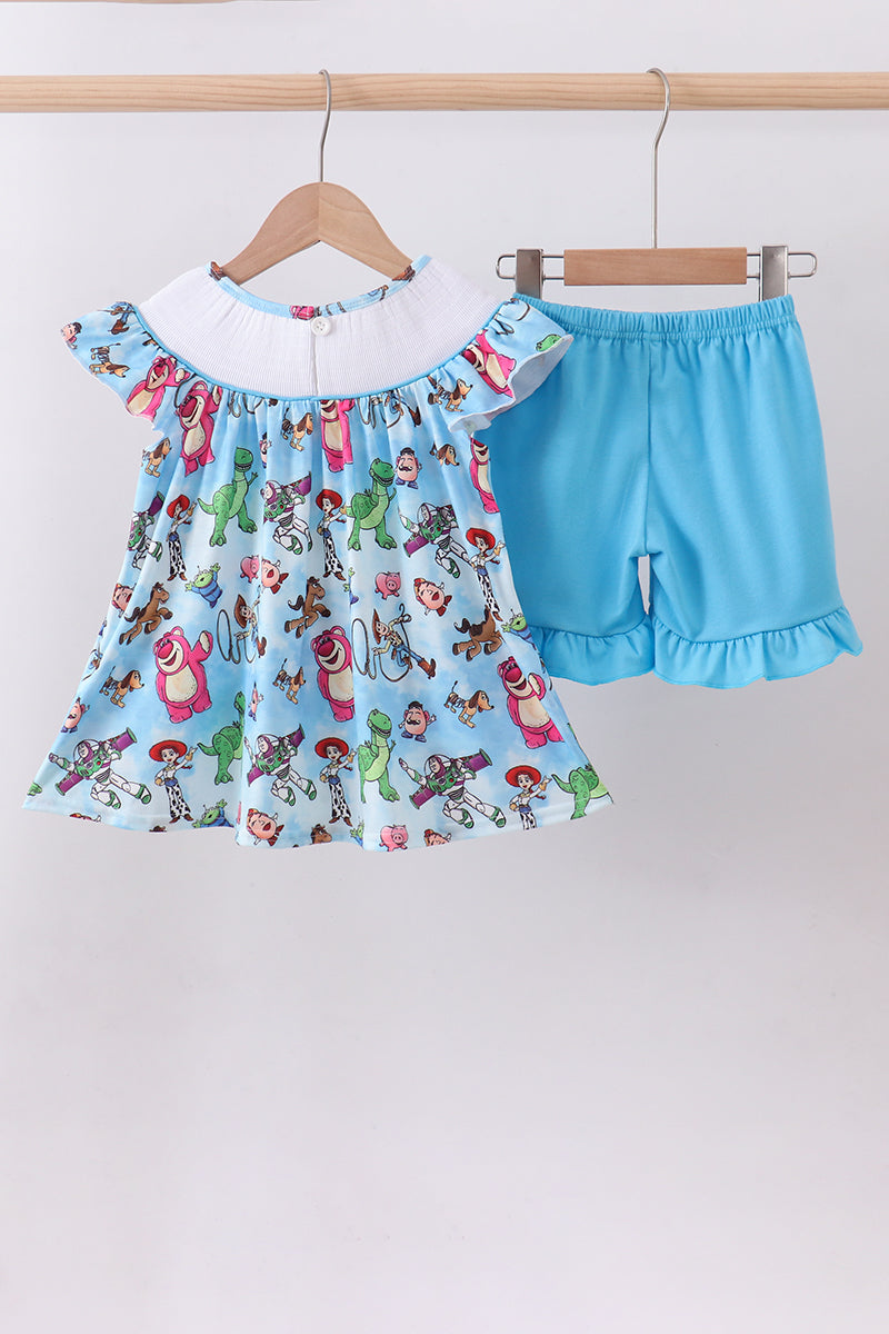 Blue character smocked ruffle shorts set