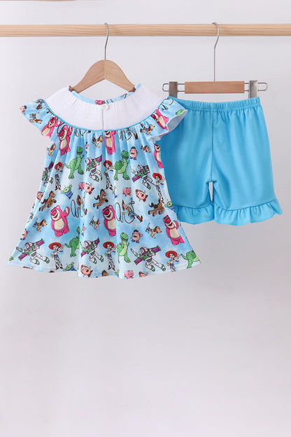Blue character smocked ruffle shorts set