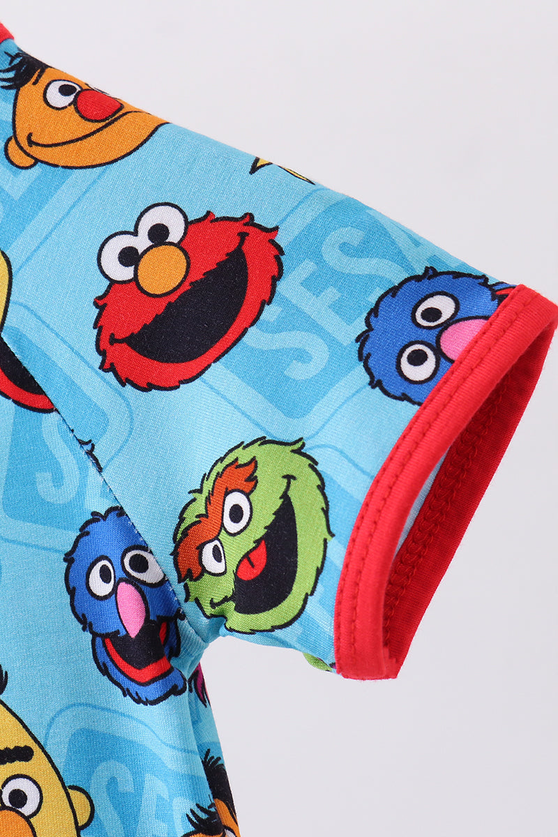 Blue character print bamboo romper