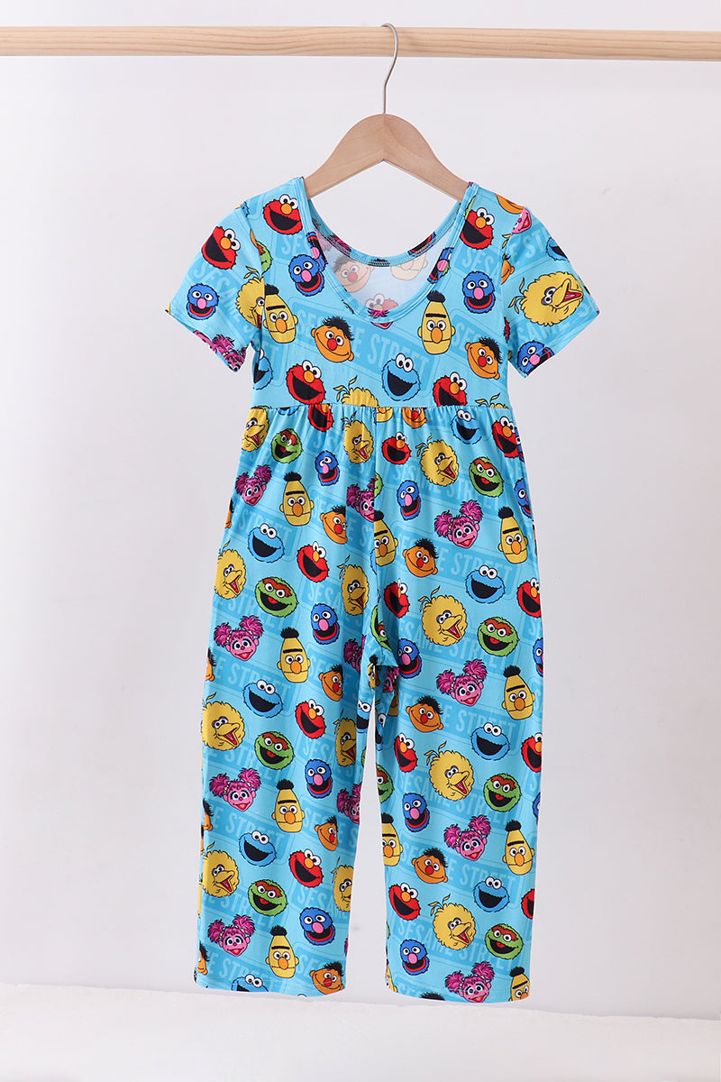 Blue character print bamboo jumpsuit