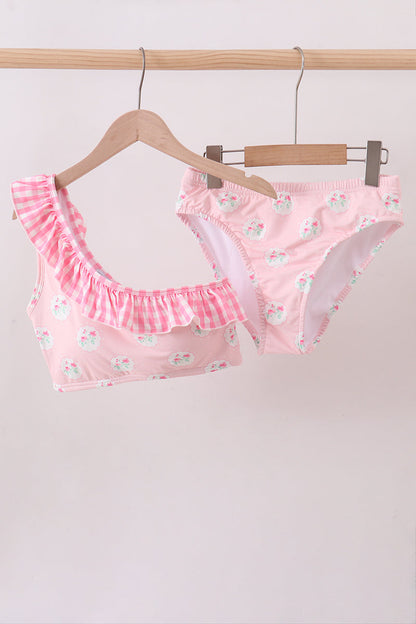 Pink rose ruffle 2pc women swimsuit