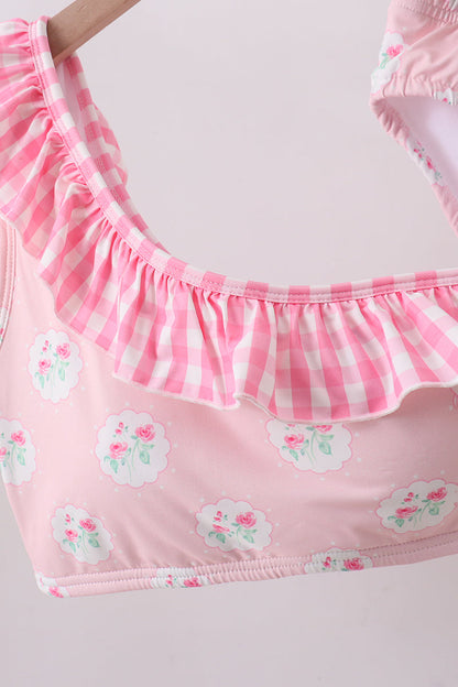 Pink rose ruffle 2pc women swimsuit
