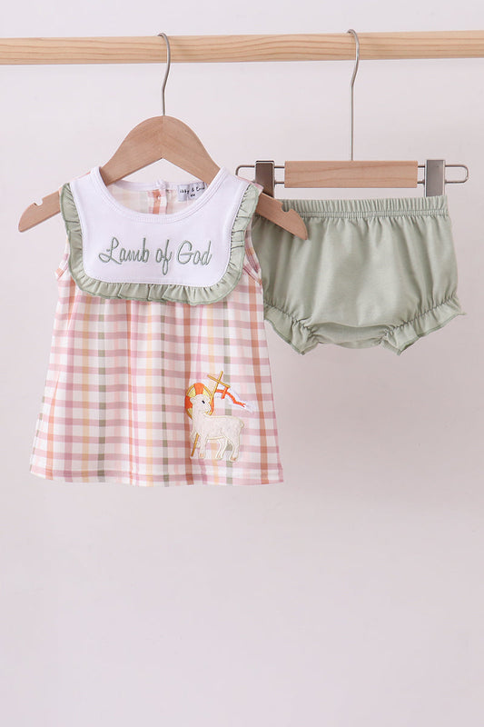 Lawb of god applique plaid bloomer set - Cloudling Kids Clothing